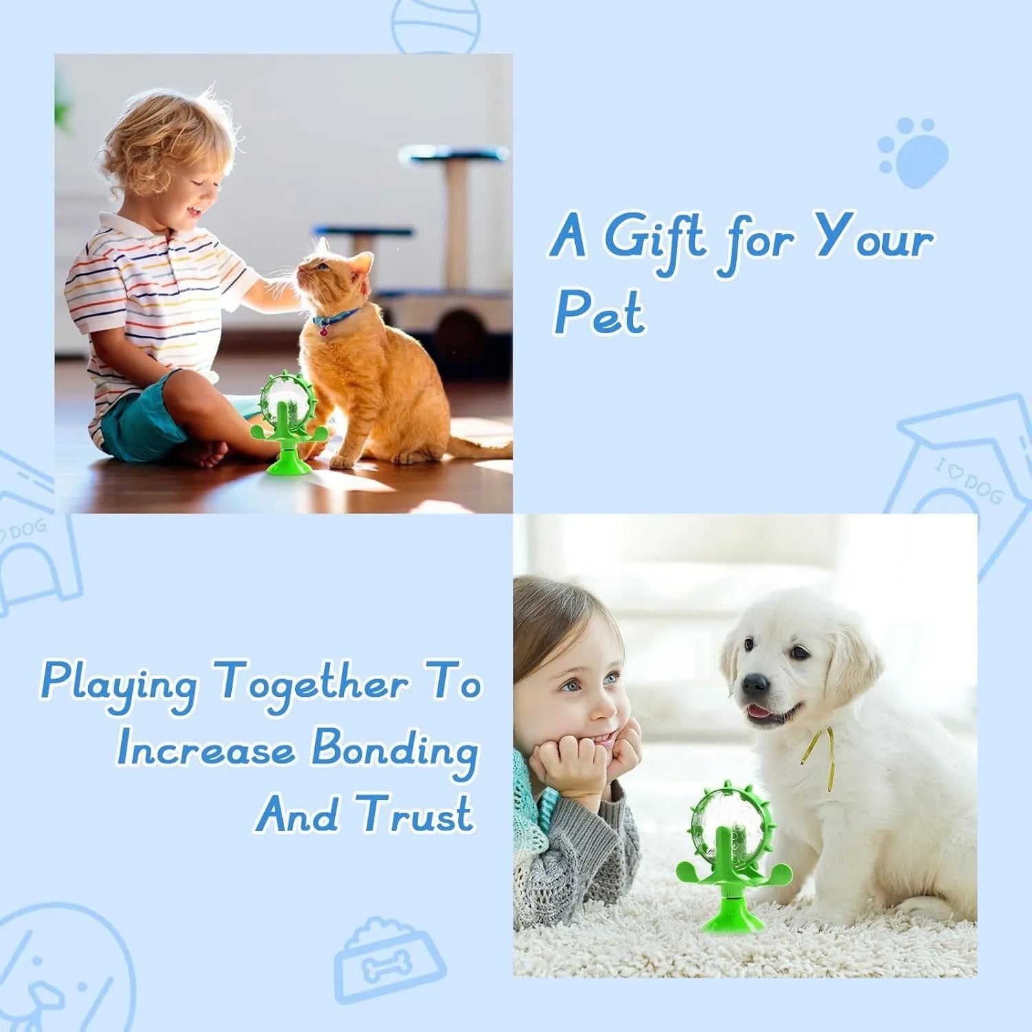 Blue green red or yellow ABS plastic pet puzzle toy with spinner and sucker base for cats and small dogs.