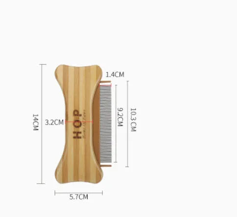 Double-sided bamboo dog bone flea comb with colourful finish on a white background