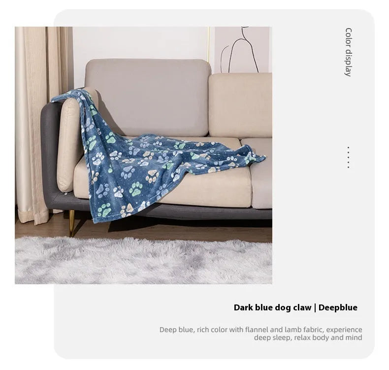 Blue cartoon dog paw pattern pet blanket showing double-sided thickened flannel texture