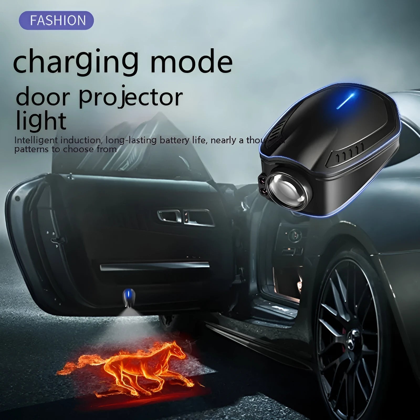 F2 rechargeable wireless car welcome light in black colour with ABS plastic housing