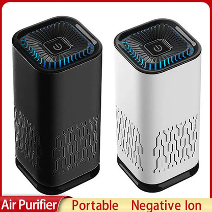 Compact, portable air purifier with dual-inlet design, negative ion generator, and efficient filtration for home and car use