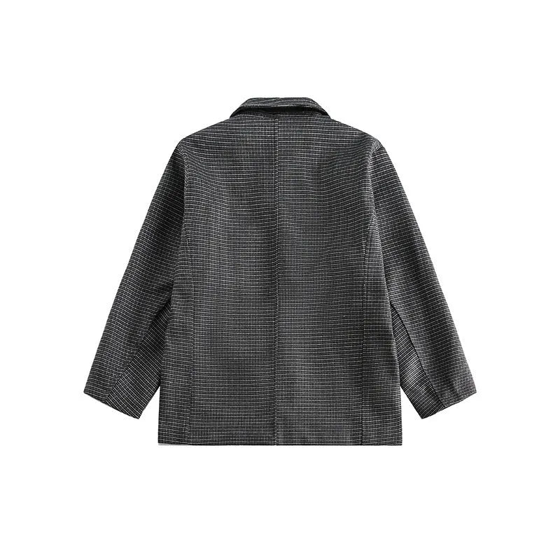 Men's loose-fit plaid casual suit jacket in grey or khaki, polyester, sizes M to XXL