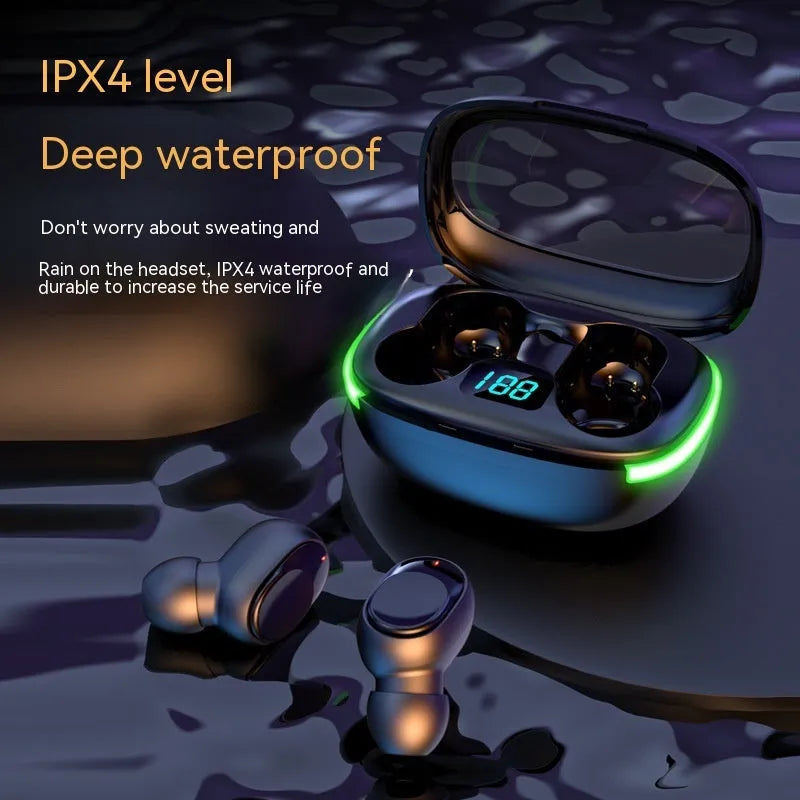 Black Y80 wireless Bluetooth in-ear earphones showing digital power display screen