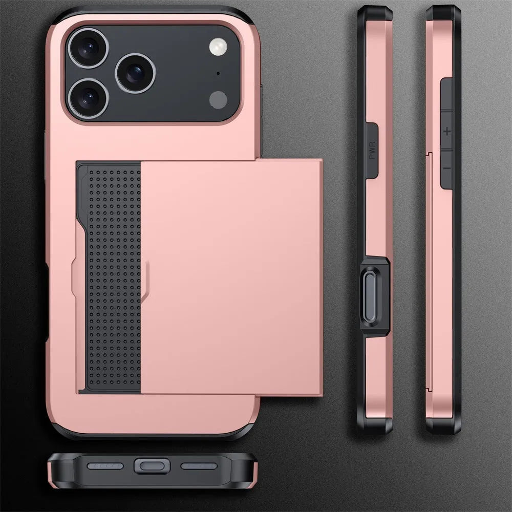 Apple iPhone sliding cover card case in Army Green showing card slots and protective construction
