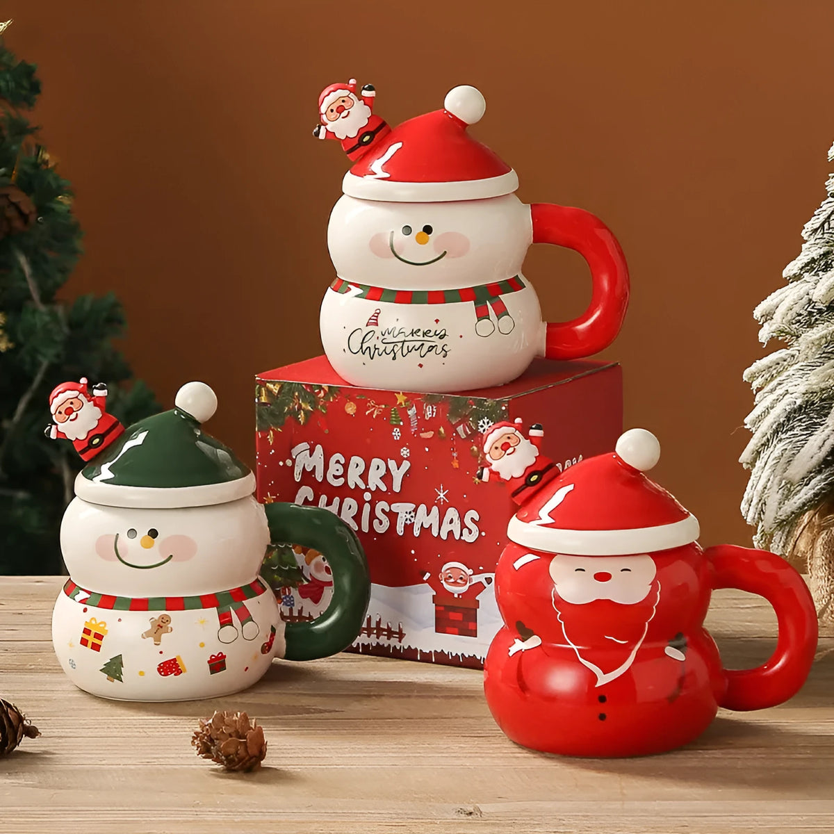Christmas ceramic cartoon snowman water cup with 400ml capacity, round shape, 8.5cm height