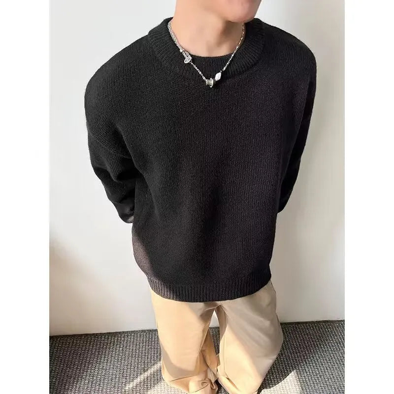 Men's loose fit round neck pullover sweater in cotton blend with long sleeves, available in multiple colours