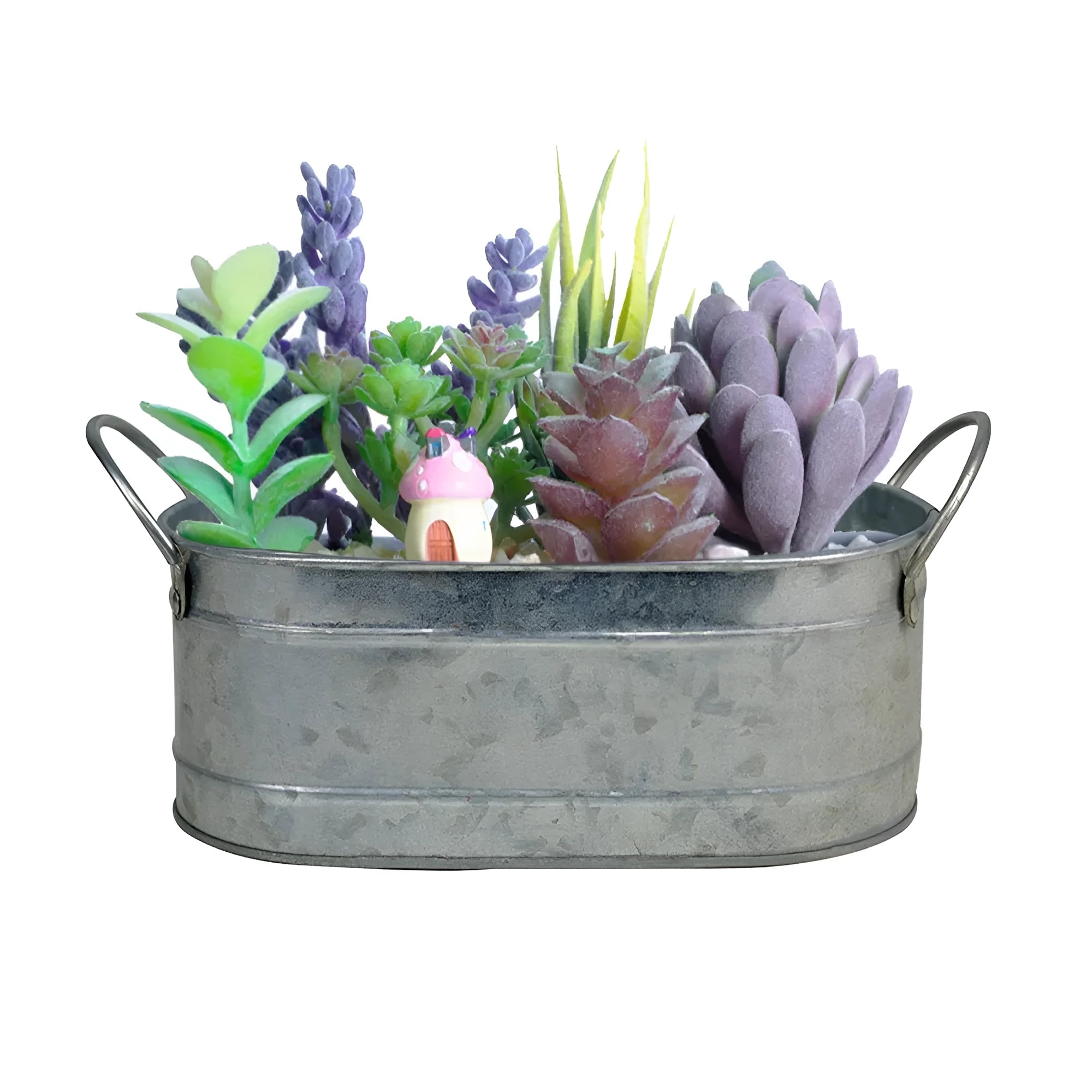 A grey iron sheet succulent flower pot on a wooden desktop.