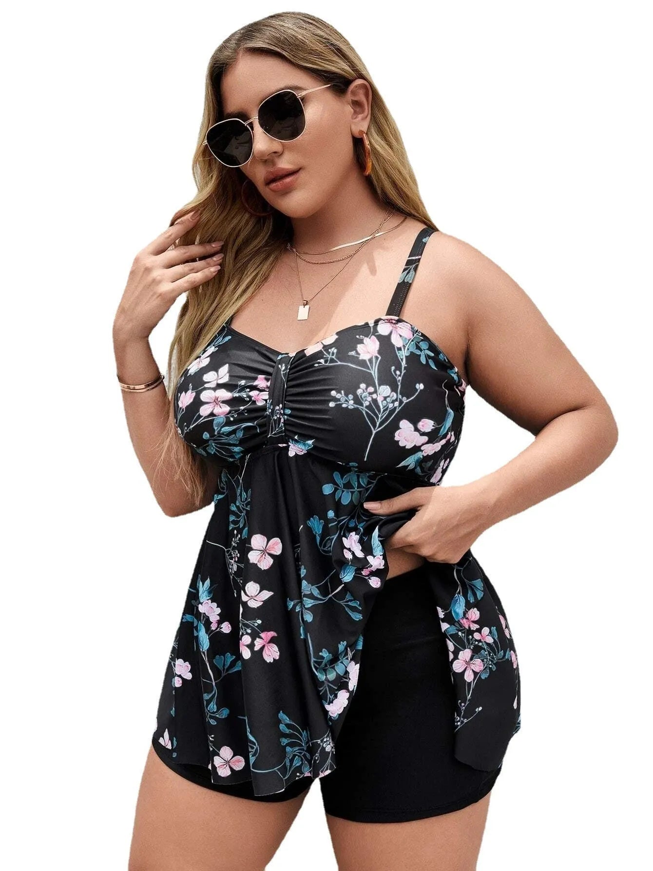 Women's one-piece swimsuit with split colour floral printing pattern in high elasticity fabric