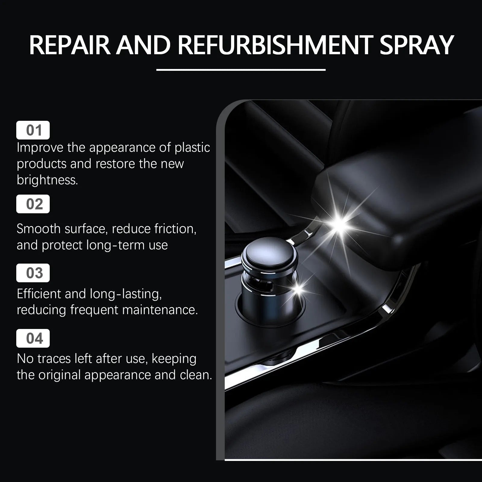 Automotive plastic renovation spray 60ml bottle for car trim restoration with PTFE formula