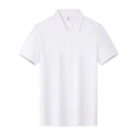 Short sleeve beige cotton polo shirt with a lapel collar on a hanger.