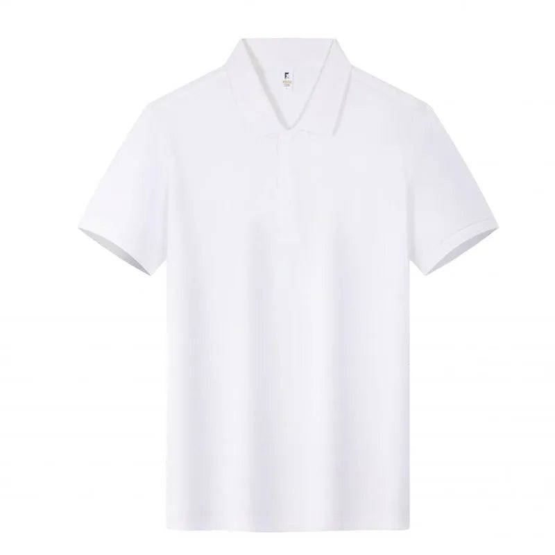 Short sleeve beige cotton polo shirt with a lapel collar on a hanger.