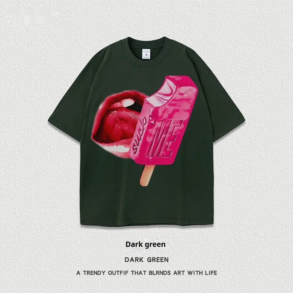 Heavy washed short-sleeved T-shirt with cartoon print on a person, showing loose streetwear fit.