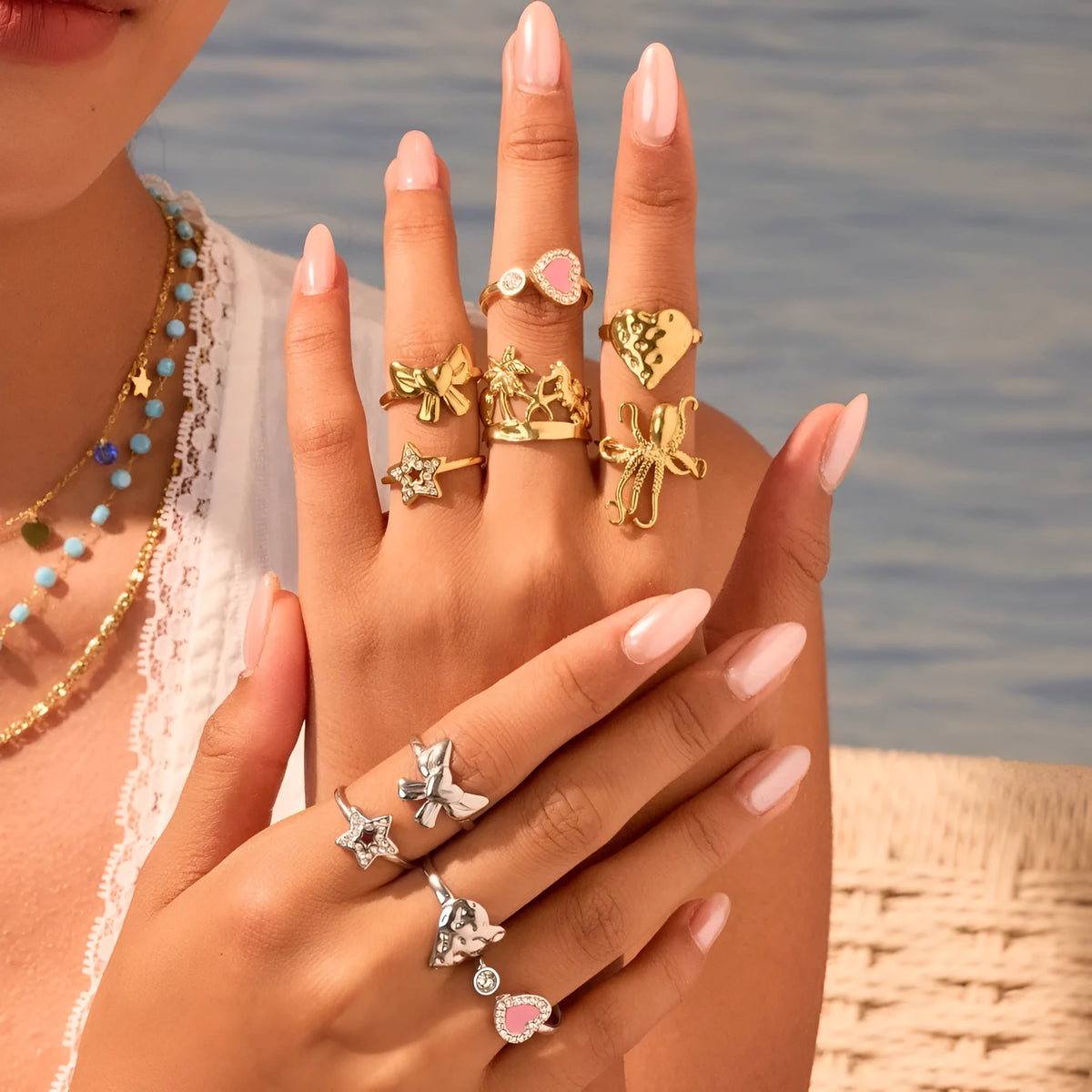 Heart-shaped stainless steel open ring for women with electroplated finish and geometric star design, average size.