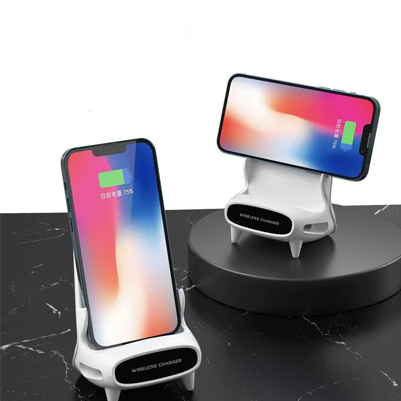 White desktop vertical wireless charging stand with a mobile phone placed on it, 15W fast charging