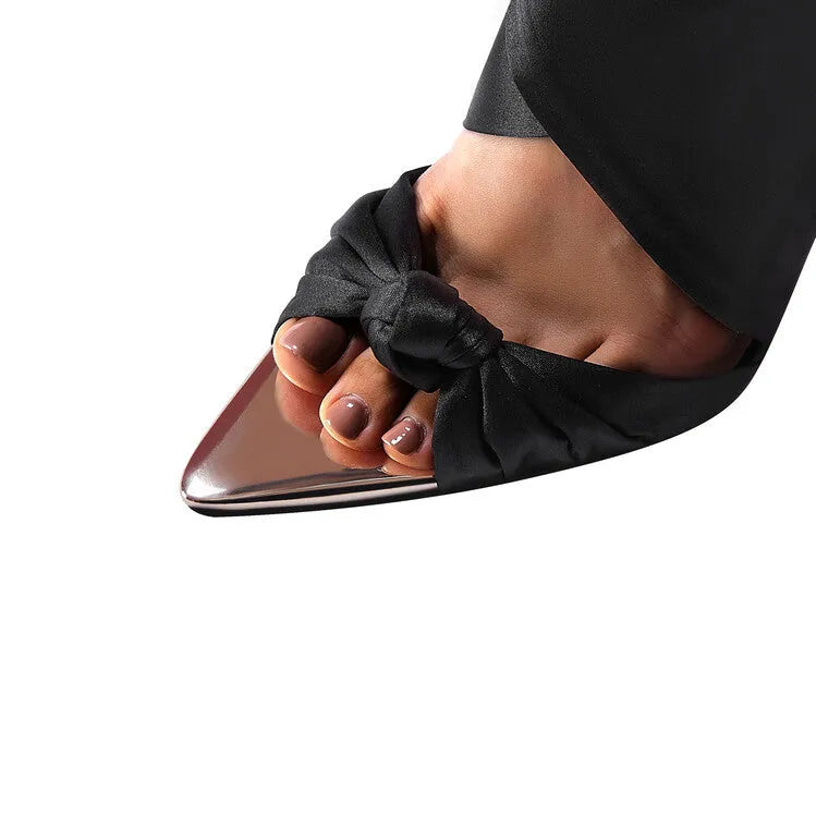 Lace-up open toe pointed high heels in black with first layer cowhide upper and rubber sole