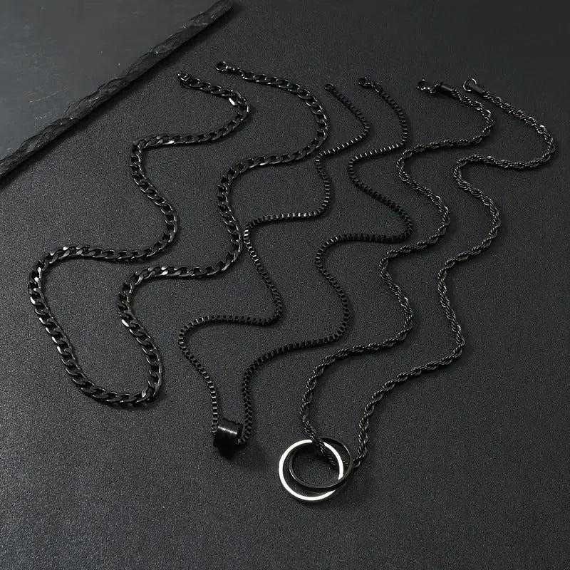 Black titanium steel necklace with cylindrical ring buckle pendant on stainless steel chain