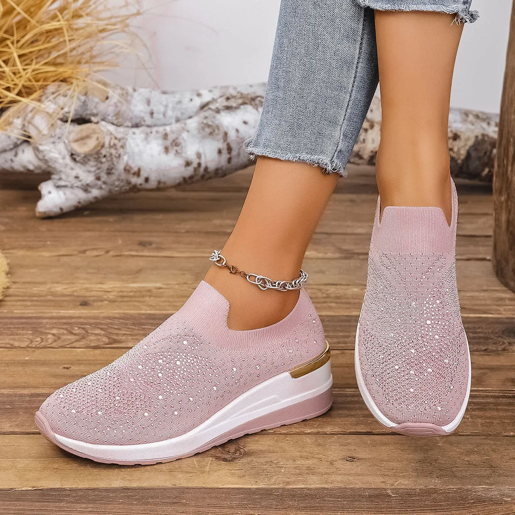 Women's wedge heel pumps with rhinestone detailing, round toe, slip-on design, breathable mesh upper, available in multiple colours and sizes 36-43