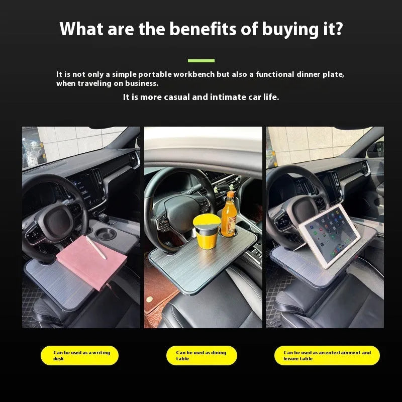 Multi-functional black ABS car steering wheel tray with foldable drink cup holder serving as a laptop stand.
