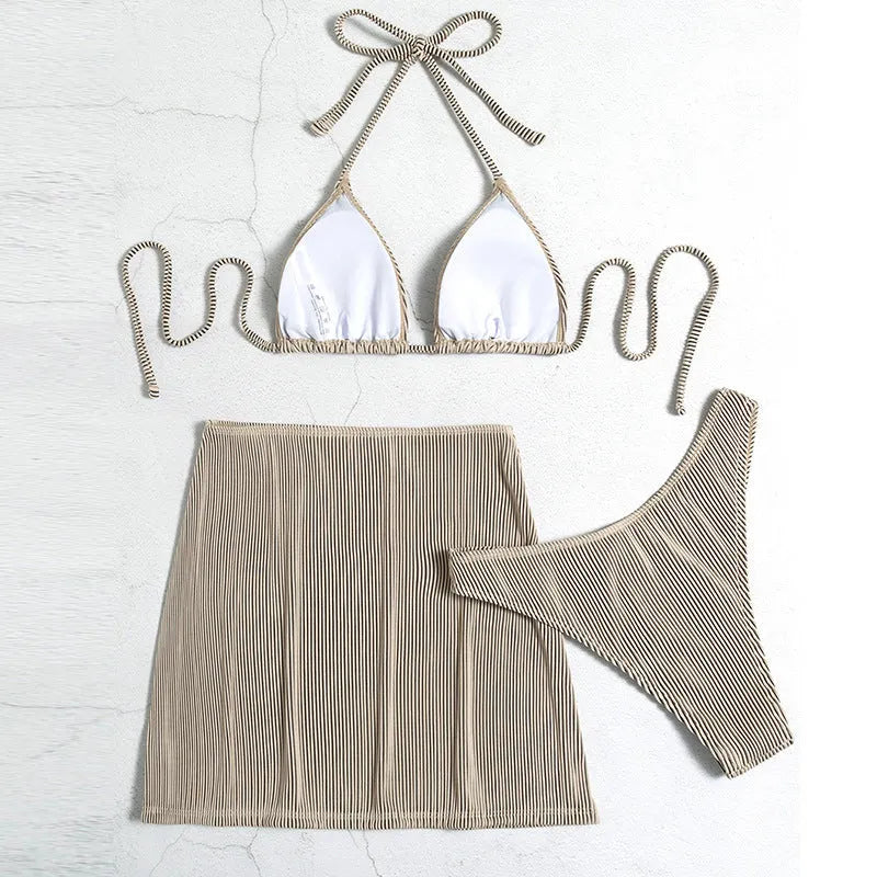 Women's three-piece bikini swimsuit set in polyester fabric with four colour options