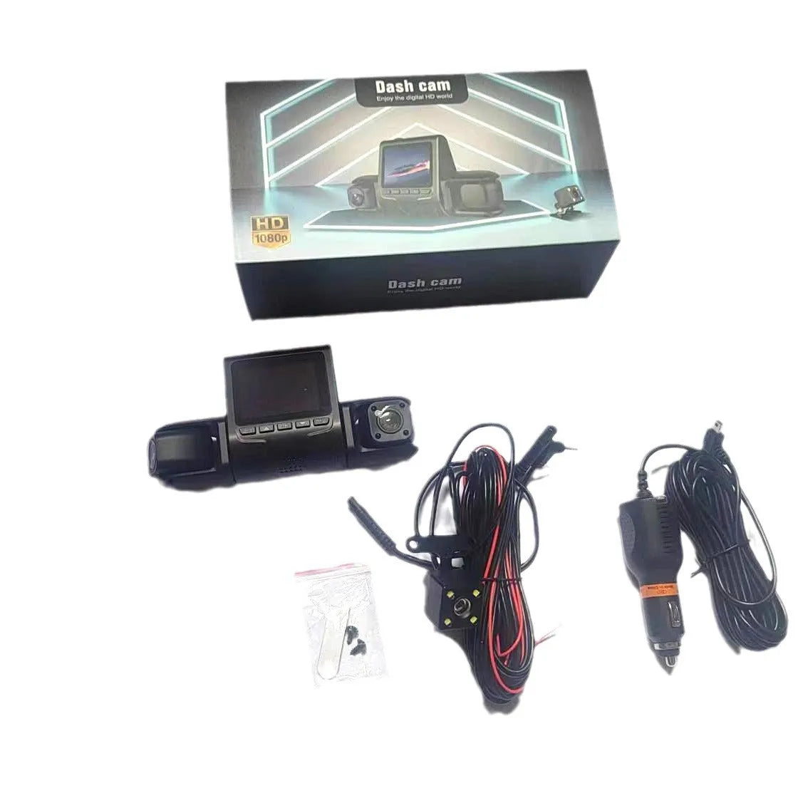 Car reversing camera system with 2.4 inch display, 1080p front and rear recording, and 3 or 4 lens co-display options