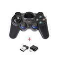 Multi-platform wireless gamepad controller in black, shown with a USB-C adapter for Android TV, PC, and phone gaming.