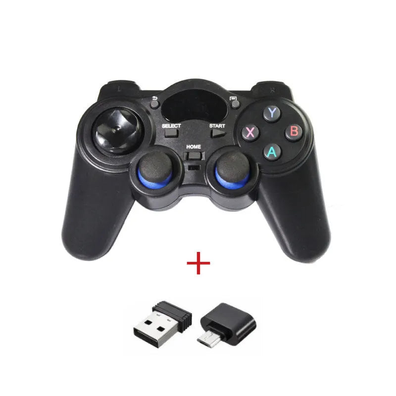 Multi-platform wireless gamepad controller in black, shown with a USB-C adapter for Android TV, PC, and phone gaming.
