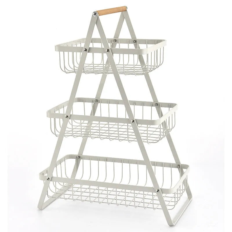 Black iron double-layer fruit basket with wooden handle, detachable for flexible storage