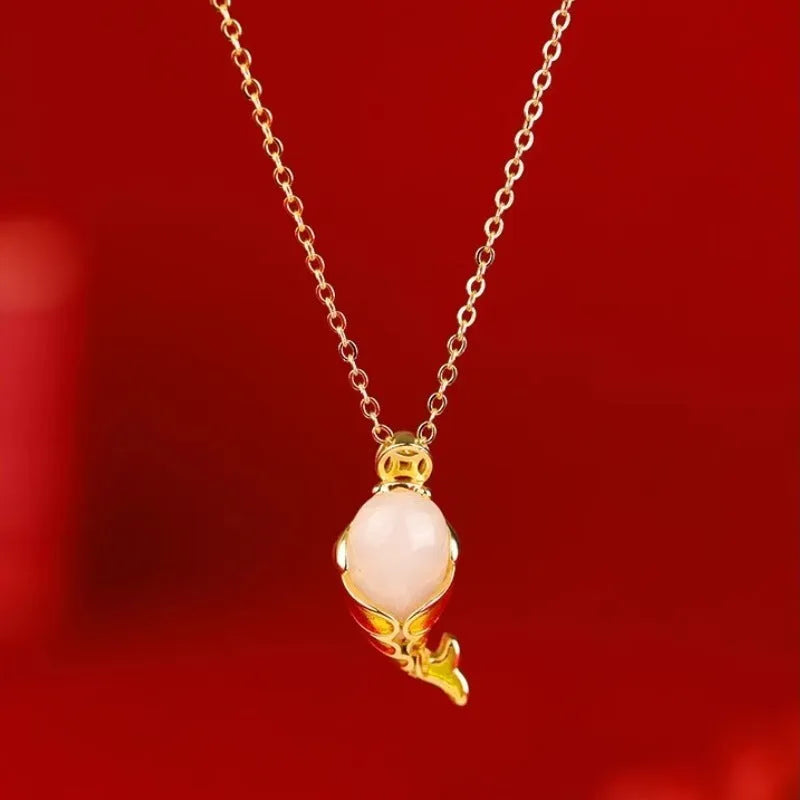Lucky koi red copper jewellery set showing hand strap and necklace with carp design
