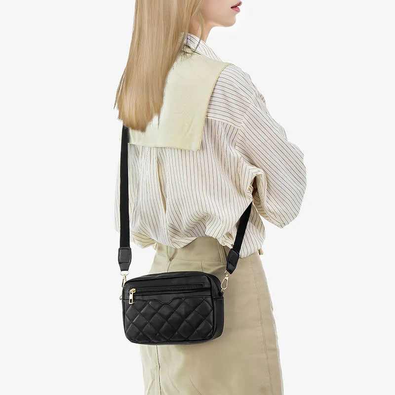 Ladies' single-shoulder embroidered crossbody small square bag in soft PU with diamond grid, 3D pocket, and file pocket.