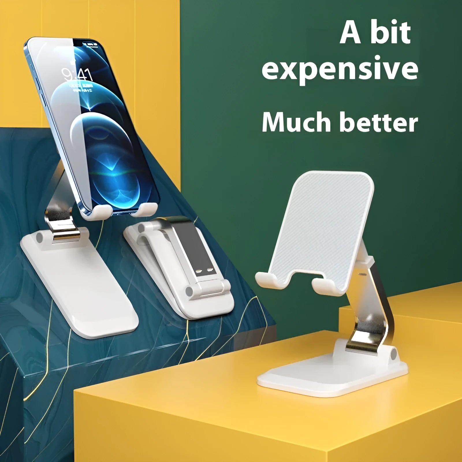 Universal folding aluminium phone desktop stand with weighted base in four colour options