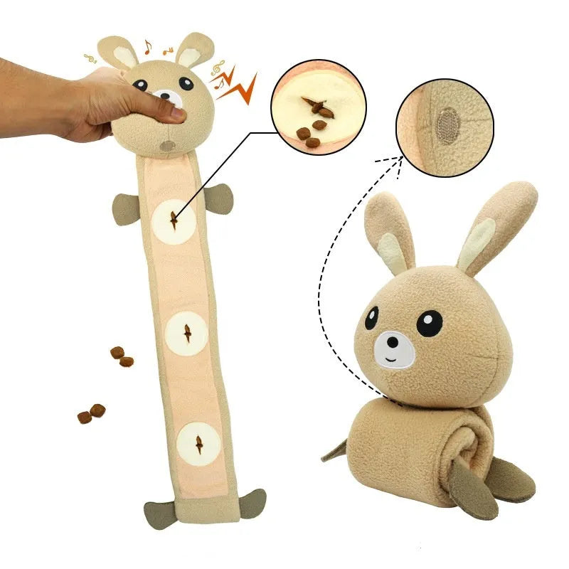 Plush poached bunny dog toy with food hiding compartments and soundmaking features