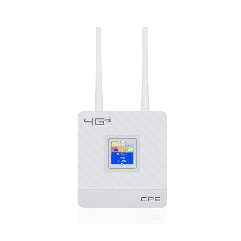 Home office LTE router with two antennas, DC power interface, and international power supply options