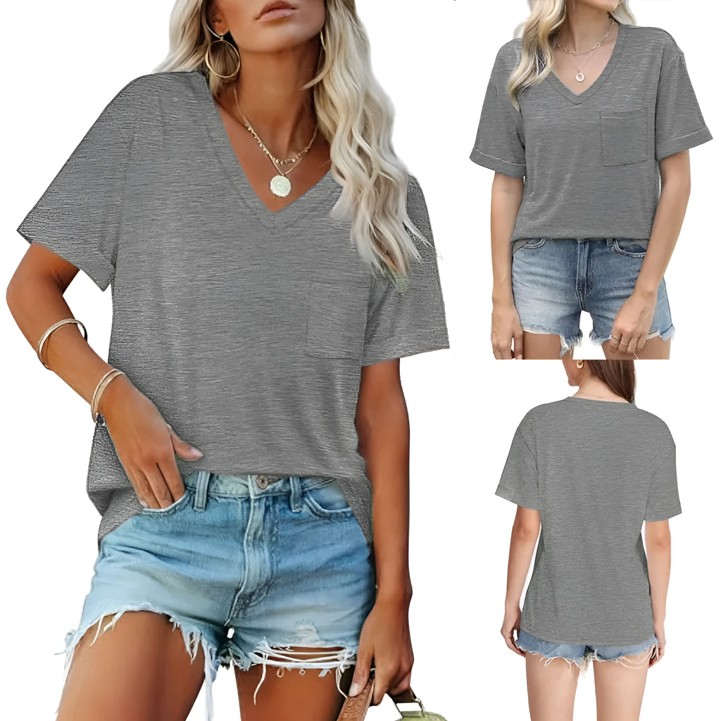 Grey loose V-neck t-shirt with front pocket in Japanese Korean casual style