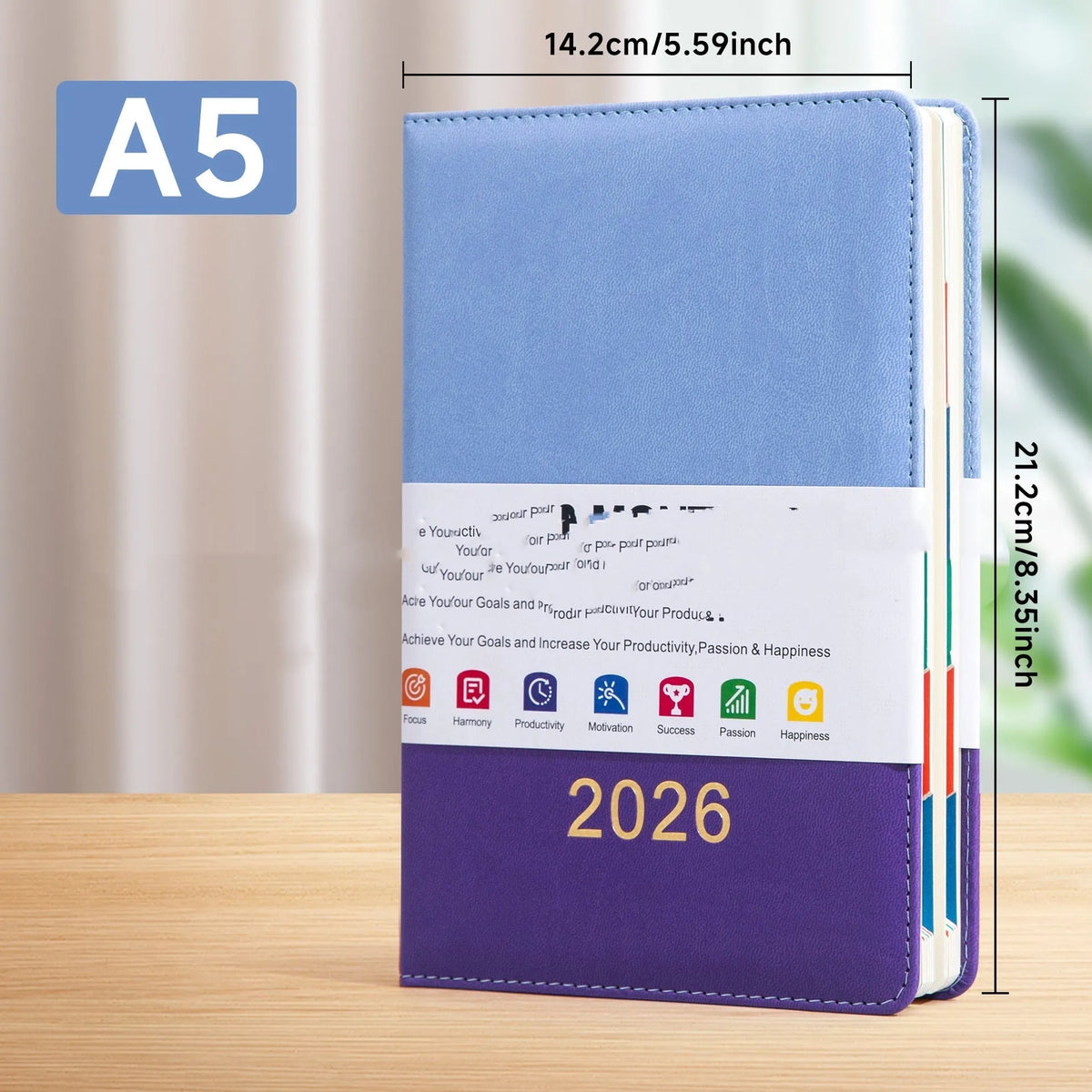 A5 English schedule book with waist seal, imitation leather cover, open to daily page