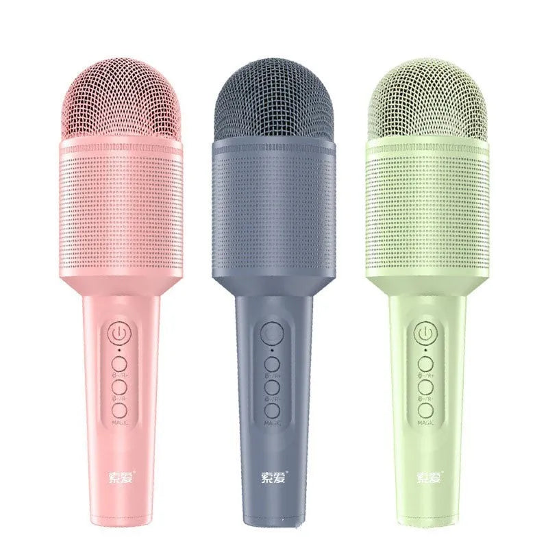 Bluetooth wireless karaoke microphone in pink, blue or green with built-in speaker and USB port