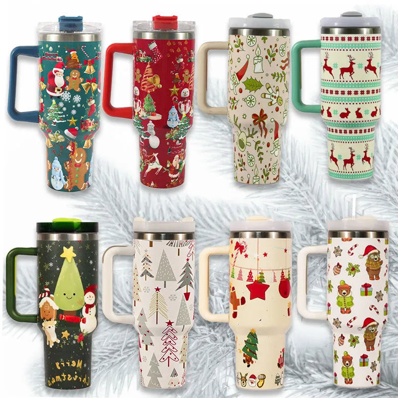 Christmas pattern stainless steel travel tumbler with handle showing capacity measurements and car holder compatibility