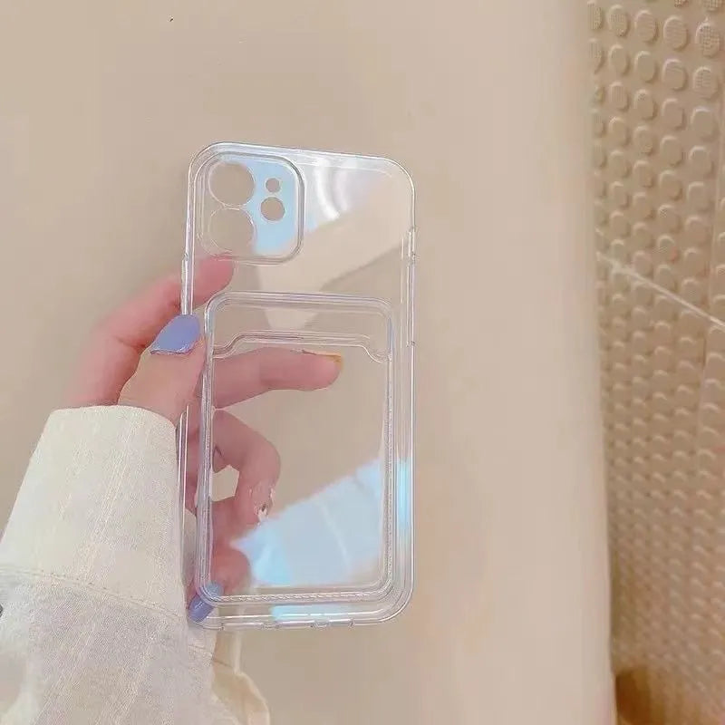 Clear transparent phone case for Apple iPhone with a built-in card wallet pocket on the back.