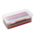 Transparent plastic pencil storage box for stationery organisation with visible drawing supplies inside