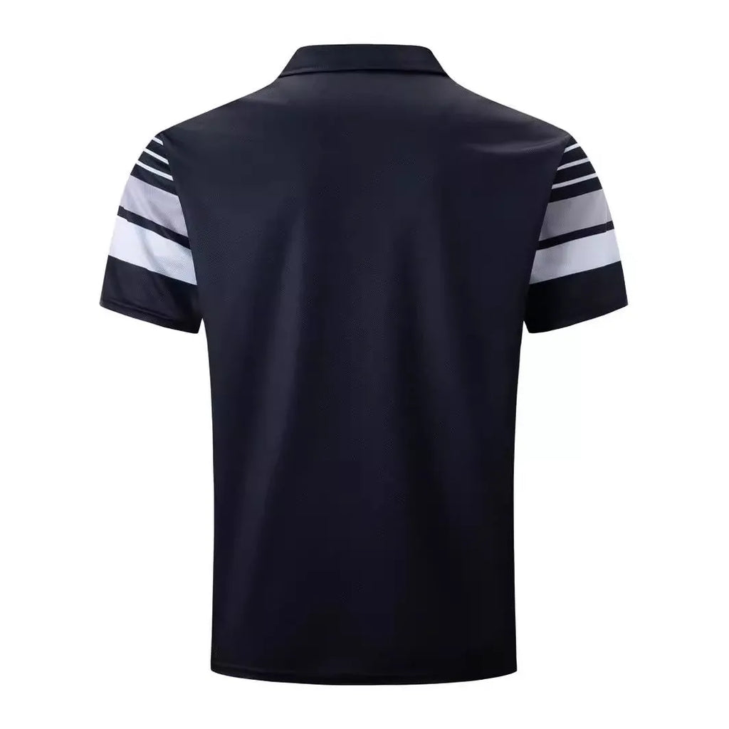 Men's black striped short sleeve T-shirt with loose fit, polyester fabric, front view