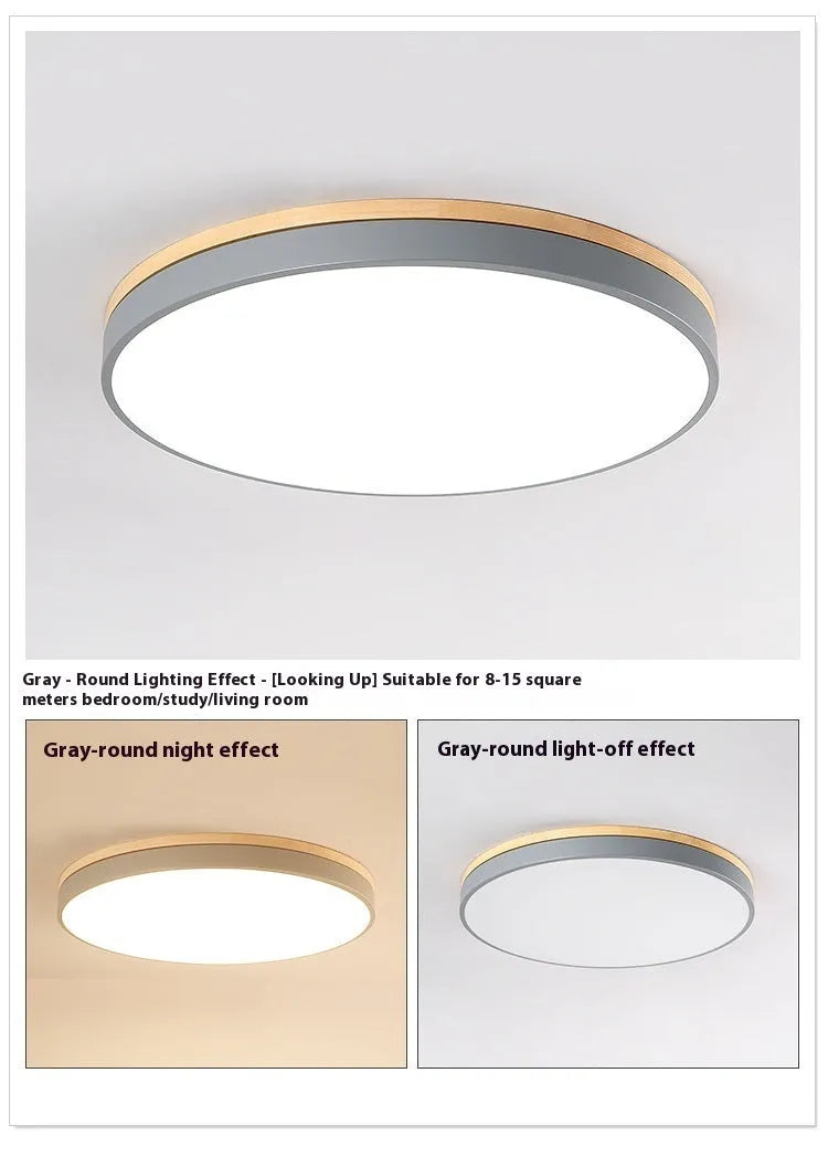 Round solid wood and acrylic LED ceiling lamp with Nordic design in white or grey.