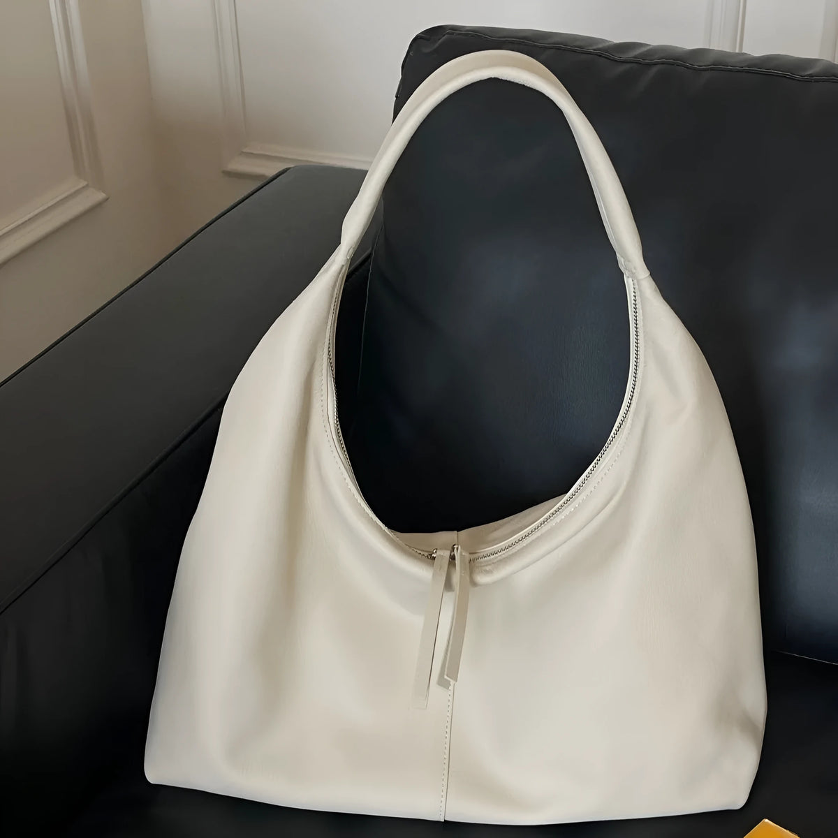 Genuine leather crescent shoulder underarm bag in ankarat red with sandwich pocket and single strap