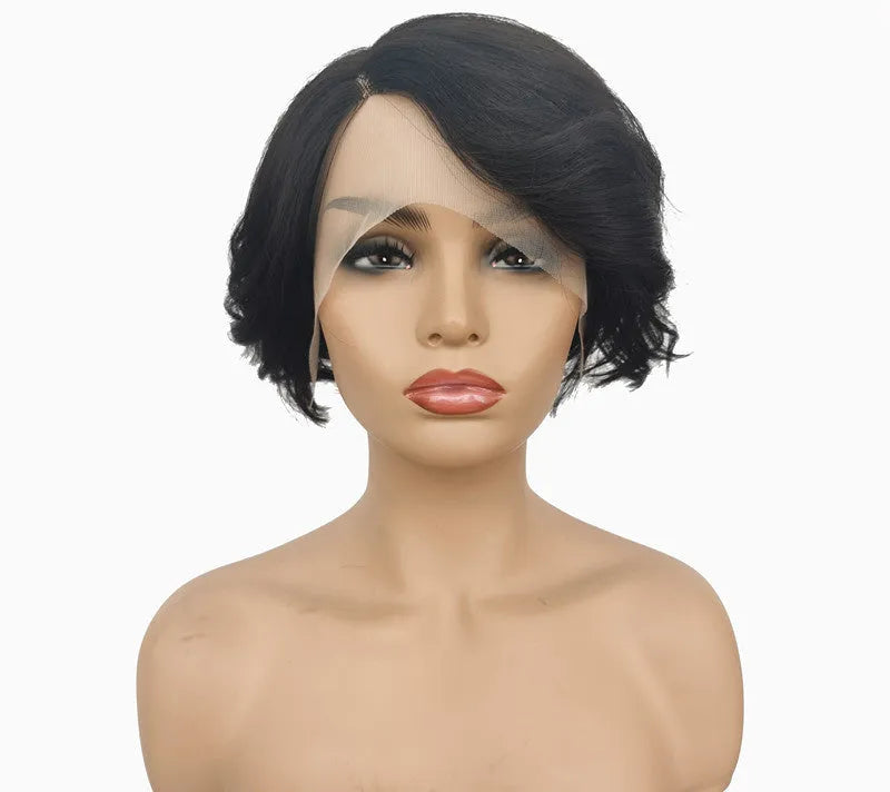 Real hair lace wig for ladies short oblique bangs full hand weaving natural look