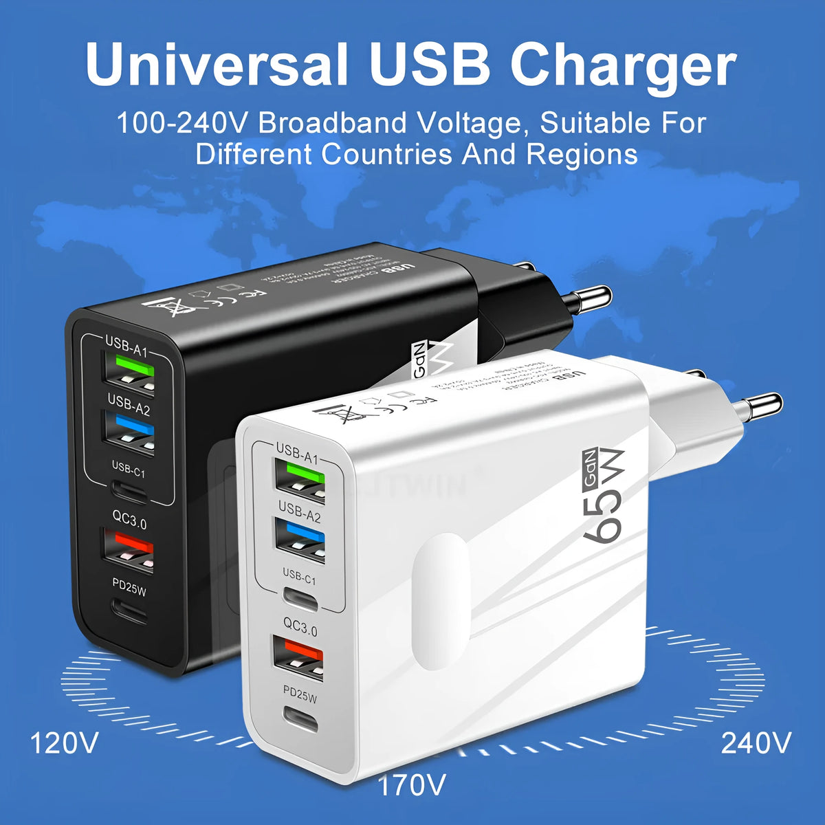 Fast charging multi-port travel charger with Type-C PD USB and three ports in black, EU standard plug