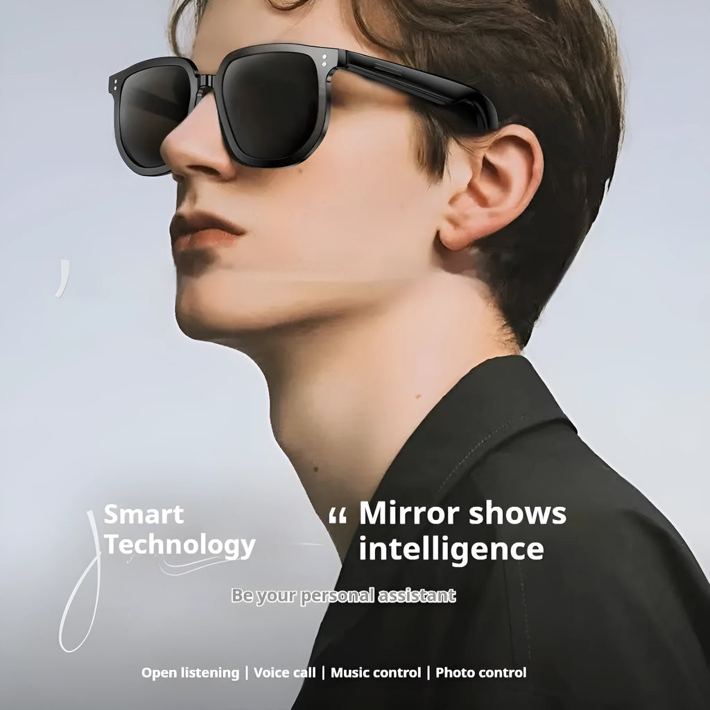 Black AI smart glasses with Bluetooth audio and touch controls on the frame.