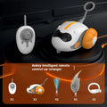 Blue and orange remote control cat teaser toy with feather attachments and USB charging cable