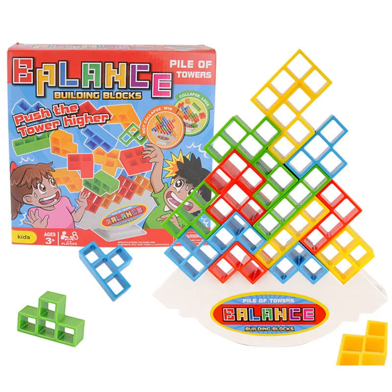 Plastic balance stacking game with coloured building blocks, chassis, and base on a table