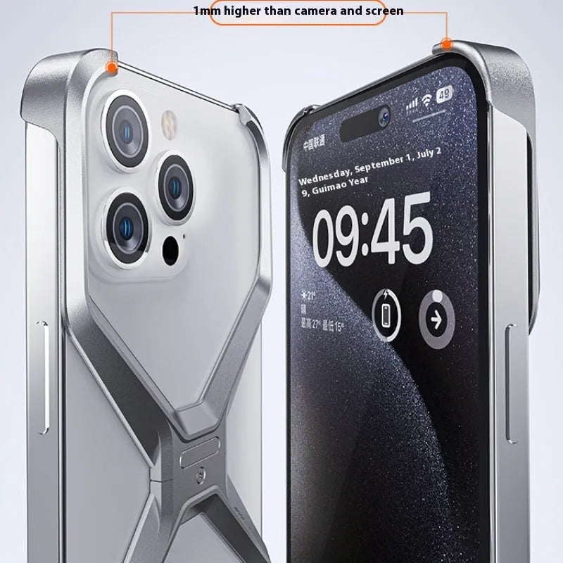 Aluminium alloy hollow-out frameless iPhone case in silver, gray, deep space gray, and titanium gold, model M06