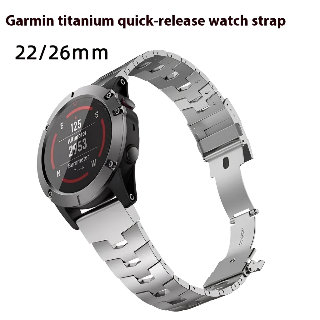 Silver, black and titanium coloured watch straps for Garmin Fenix and Jiaming watches in 22mm and 26mm widths.