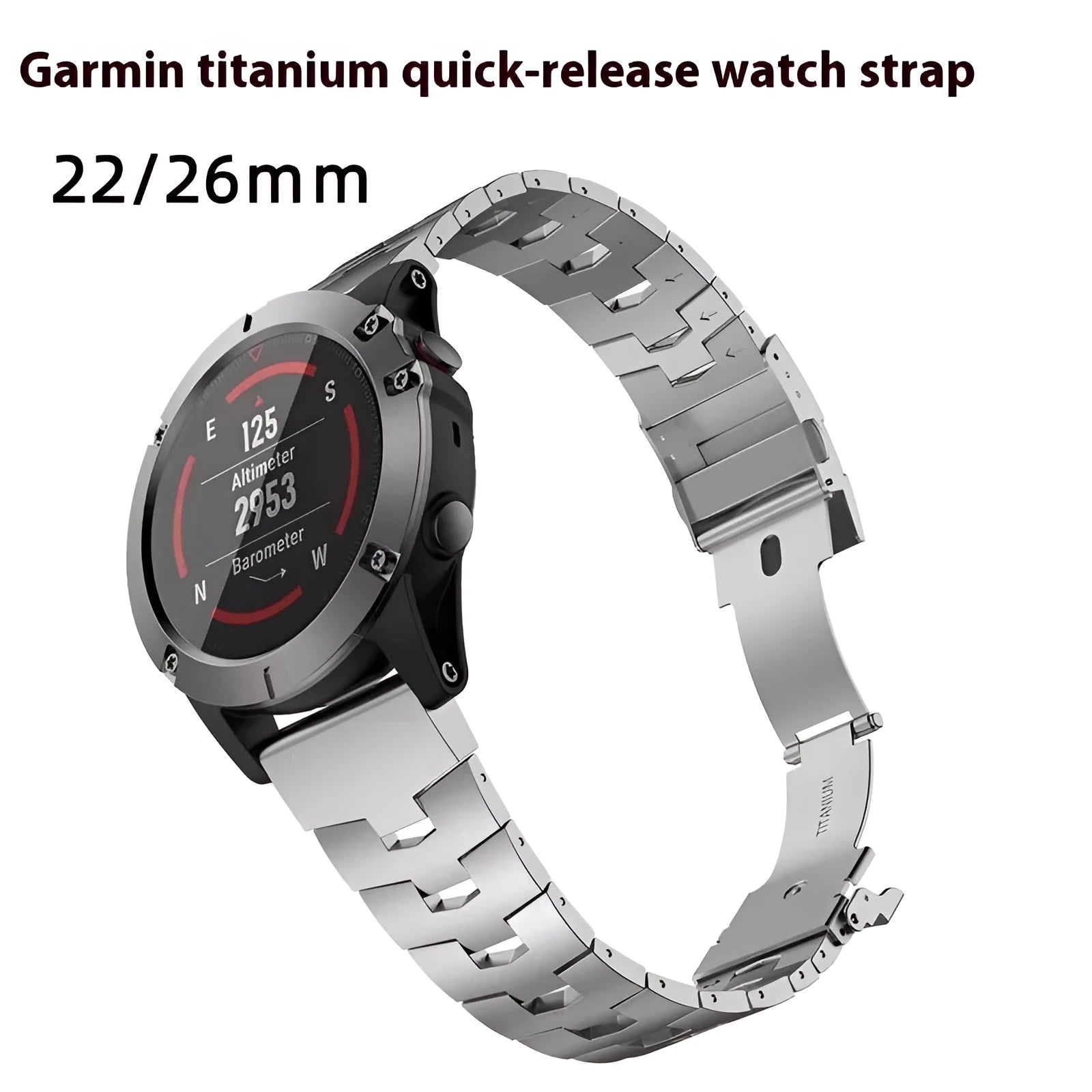 Silver, black and titanium coloured watch straps for Garmin Fenix and Jiaming watches in 22mm and 26mm widths.