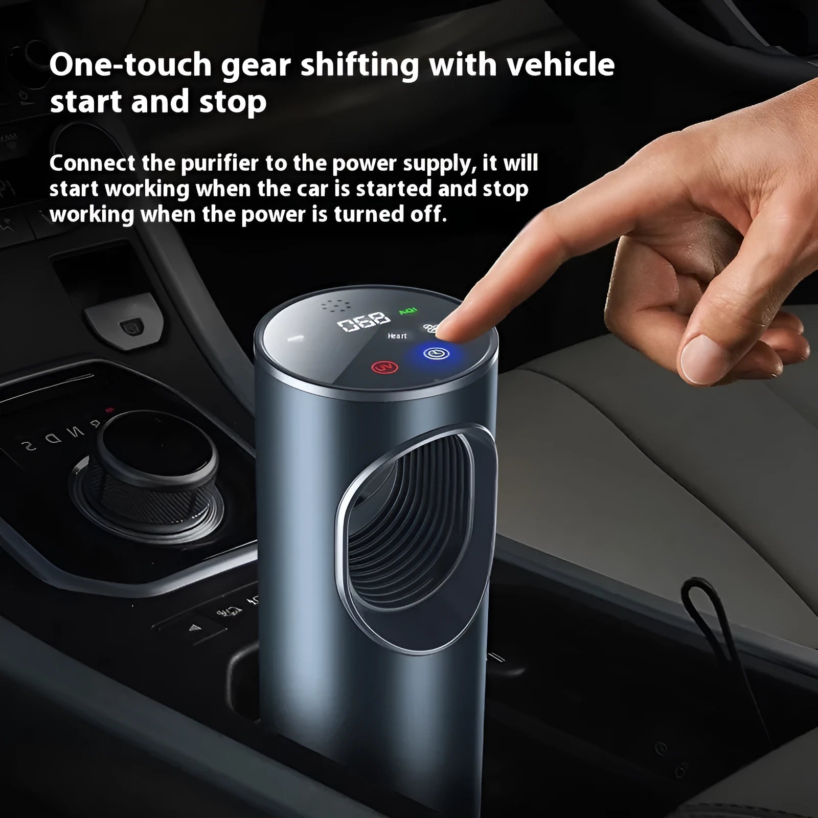 Black compact car air purifier with USB cable for formaldehyde removal and anion generation.